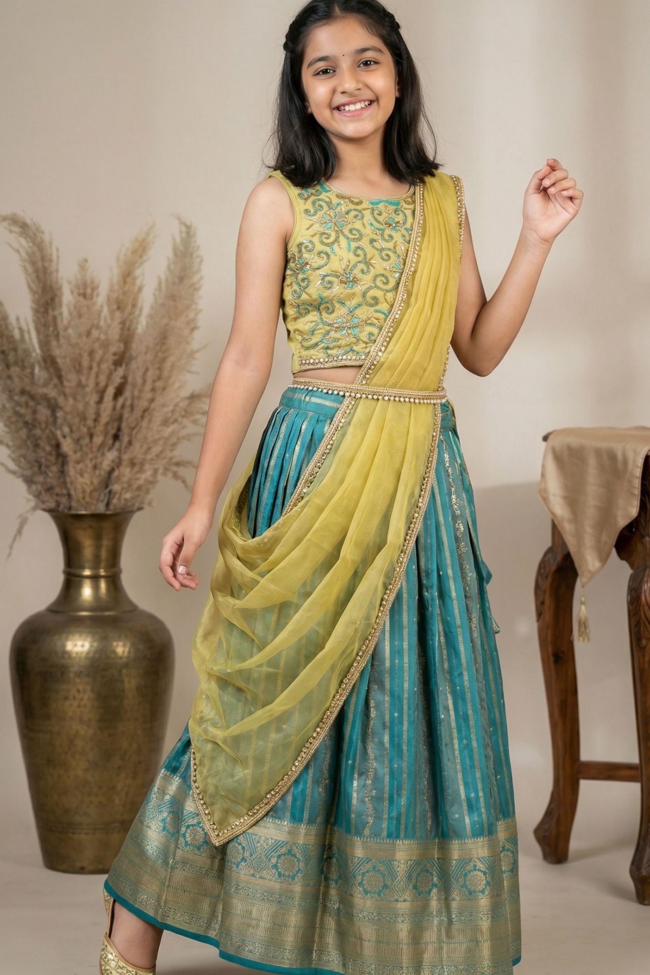 Teal Green And Lime Yellow Embroidered Lehenga Choli Set For Girls