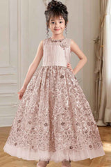 Beige Net Party Wear Sequin And Embroidery Gown For Girls