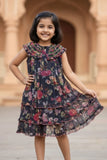 Black Floral Tiered Frock with Smocked Collar Dress For Girls