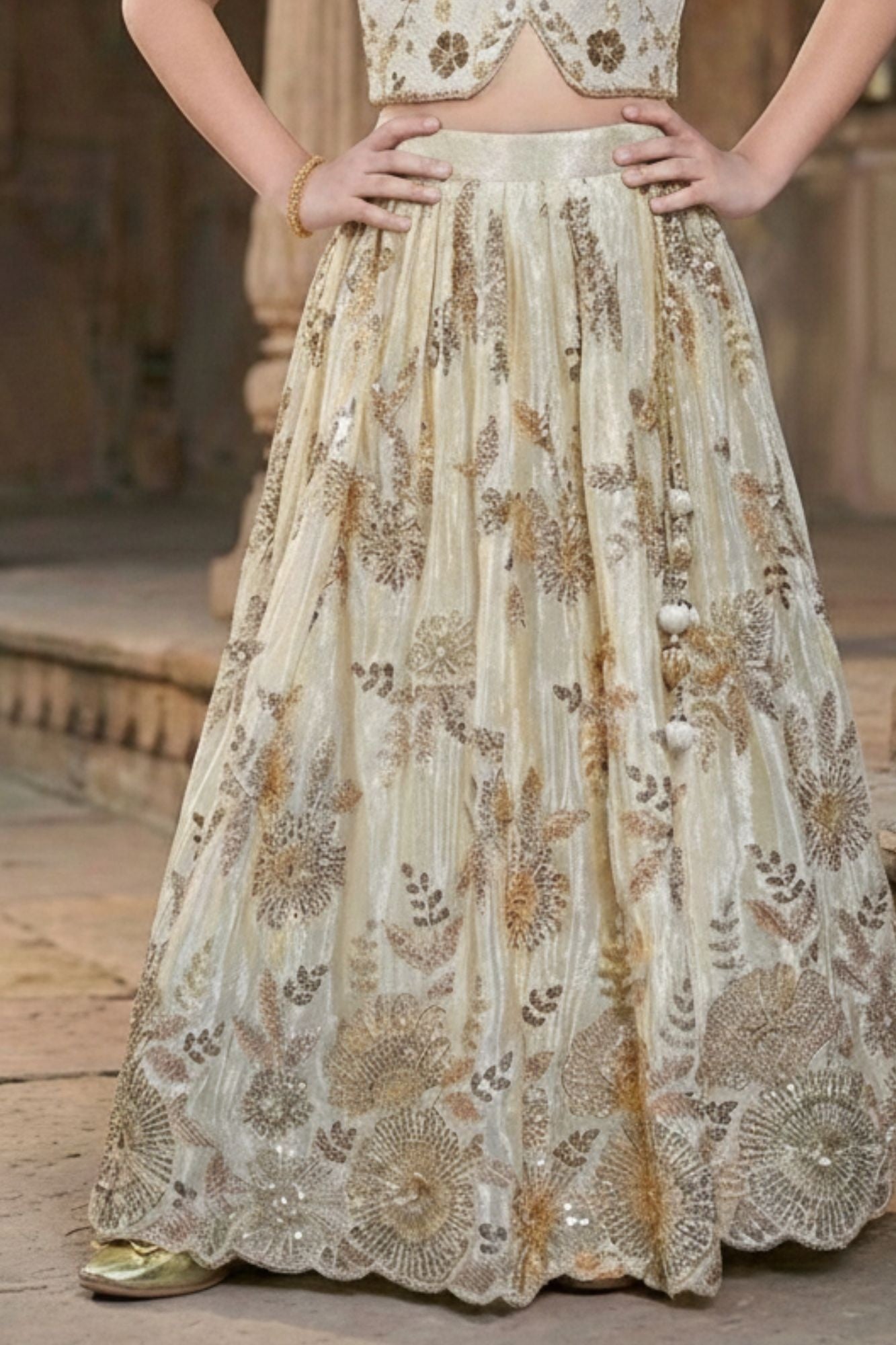 Cream And Gold Embroidered Lehenga Choli Set with Floral Motifs For Girls