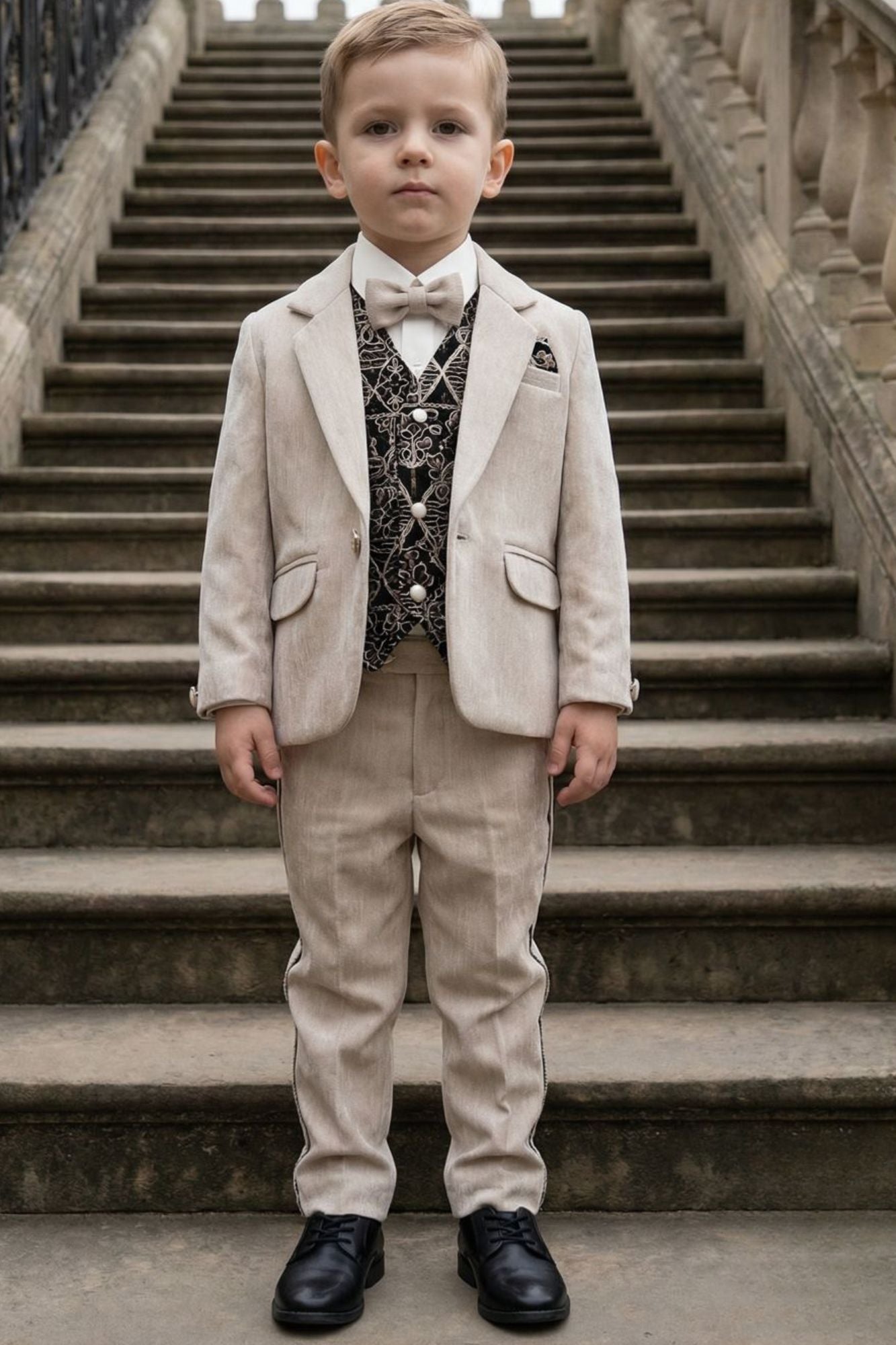 Boys Cream 5-Piece Suit Set With Waistcoat And Bow Tie