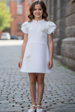 White Textured A-Line Dress with Floral Applique For Girls