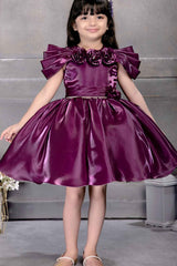 Wine Floral Embellishment With Stone Worked Frock For Girls