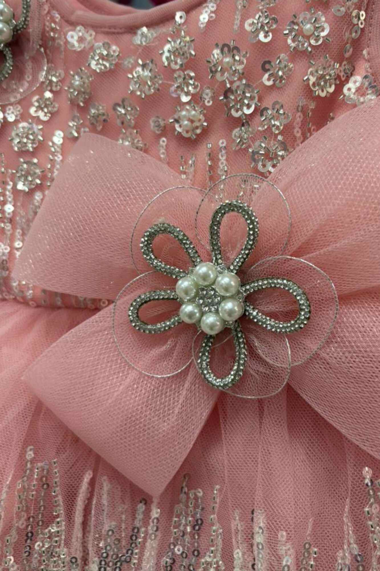 Blush Pink Sequin Embellished Bow Party Wear Frock For Girls