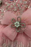 Blush Pink Sequin Embellished Bow Party Wear Frock For Girls