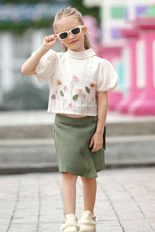 Olive Green Floral Embellished Top And Skirt Set For Girls