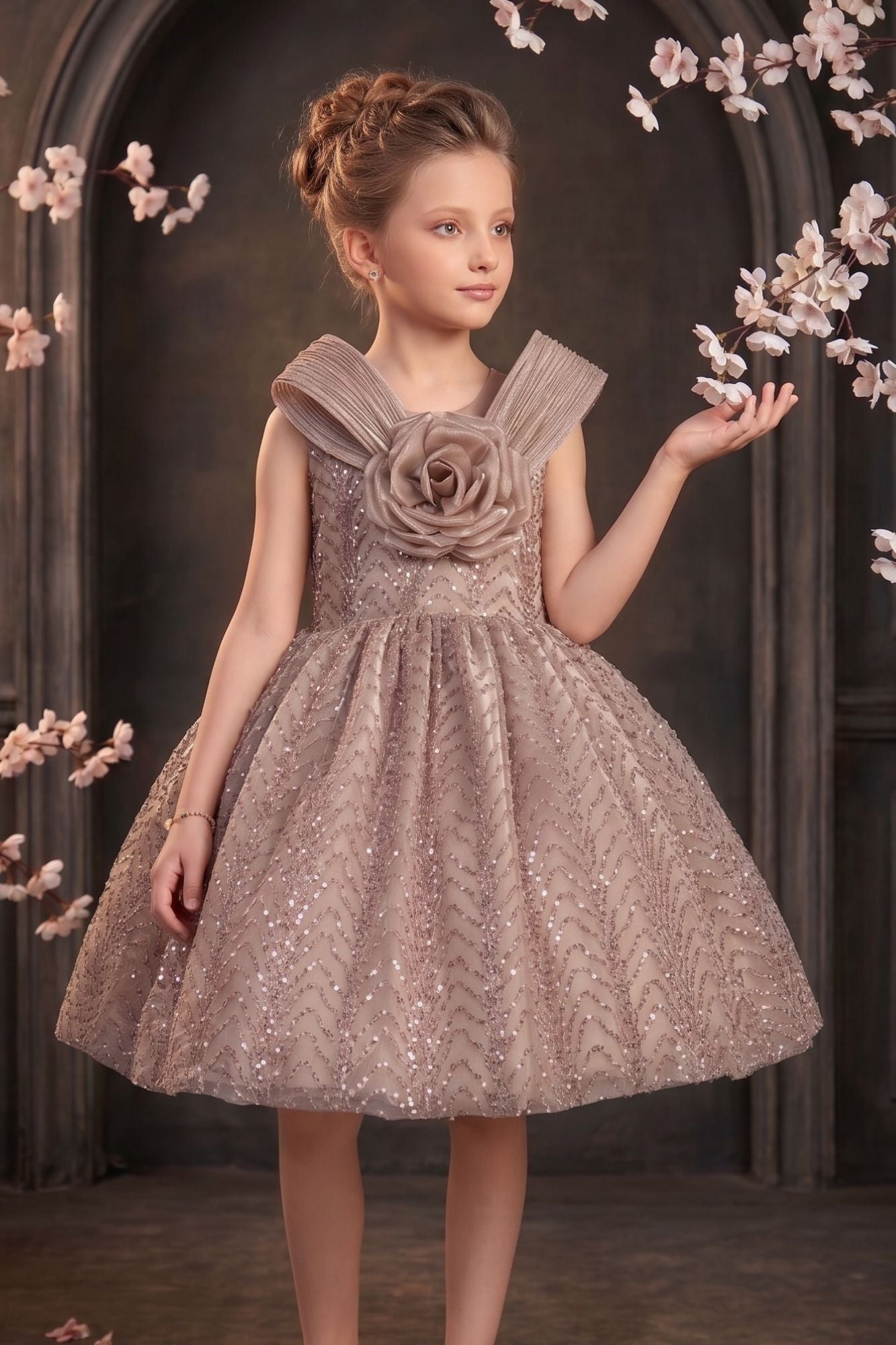 Girls Fawn Party Wear Frock with 3D Floral Bow And Sequin Detailing