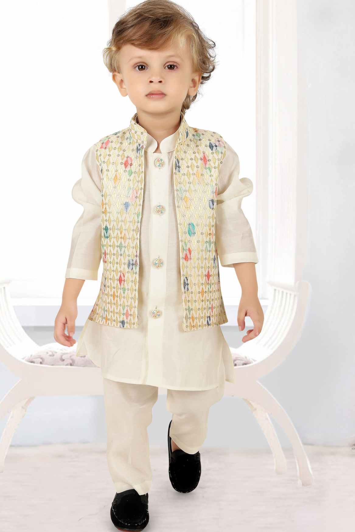 Cream Kurta Set With Embroidered Bandi For Boys