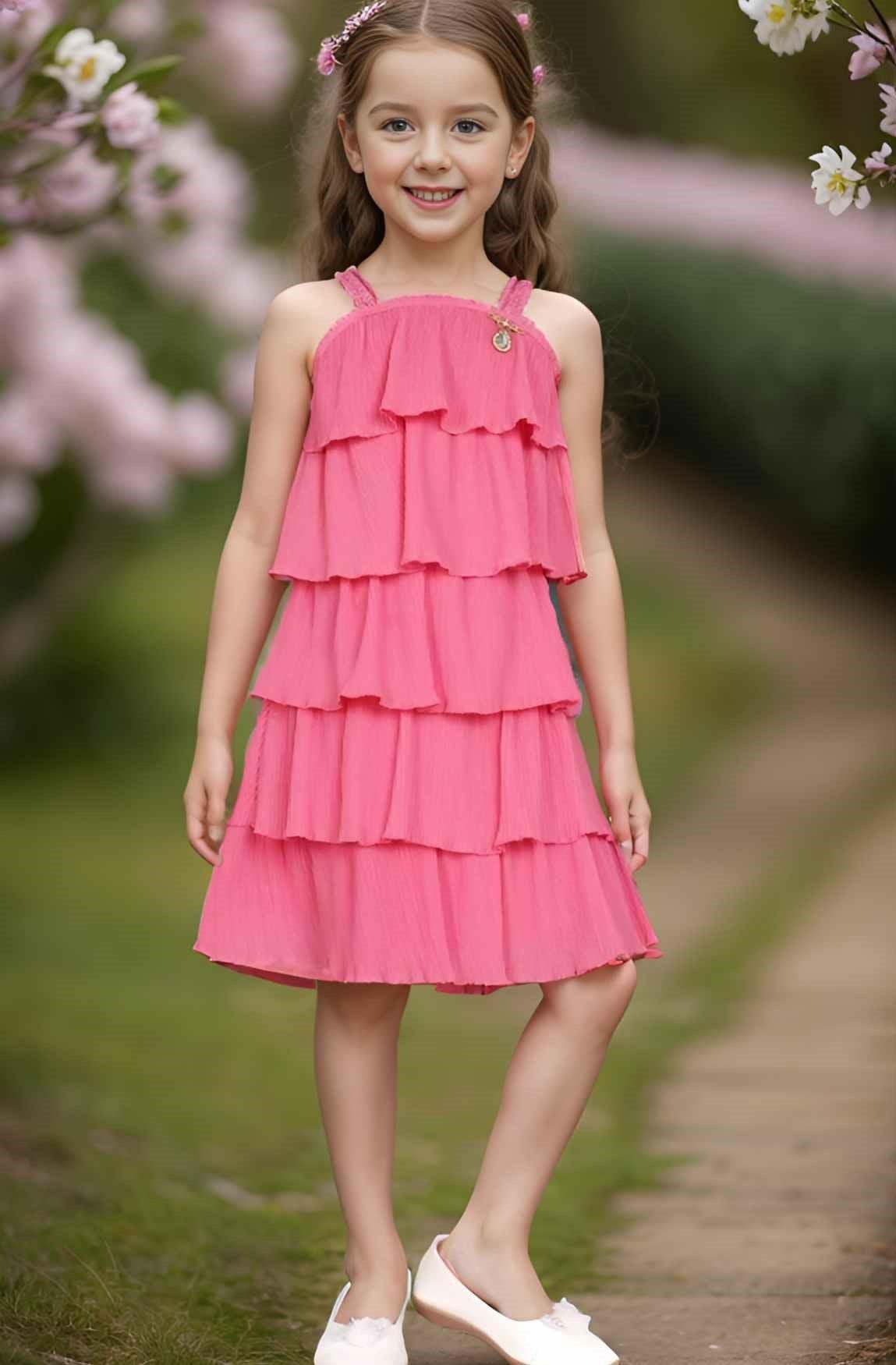 Stylish Pink Frilled Casual Wear Dress For Girls