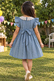 Girls Blue Lace Collar Floral Applique Yoke Frock