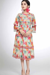 Cream Floral Printed Casual Dress For Girls
