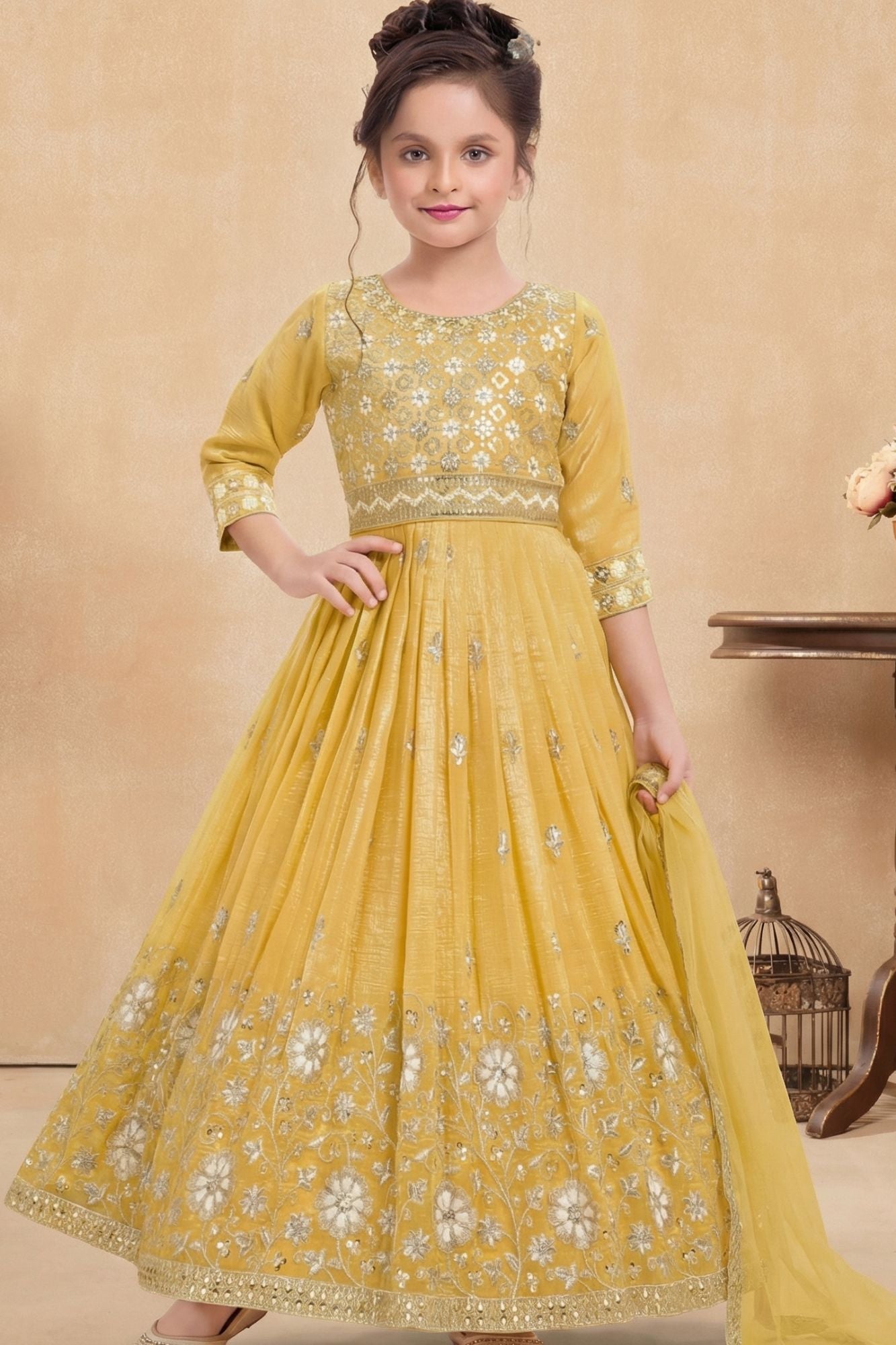 Mustard Yellow Embroidered Ethnic Gown with Dupatta For Girls