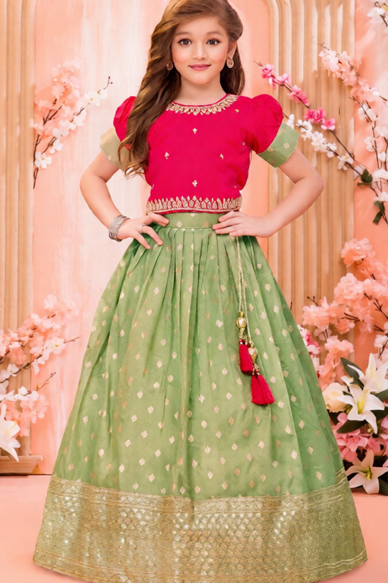 Rani Pink And Green Embroidered Pattu Pavadai Set For Girls