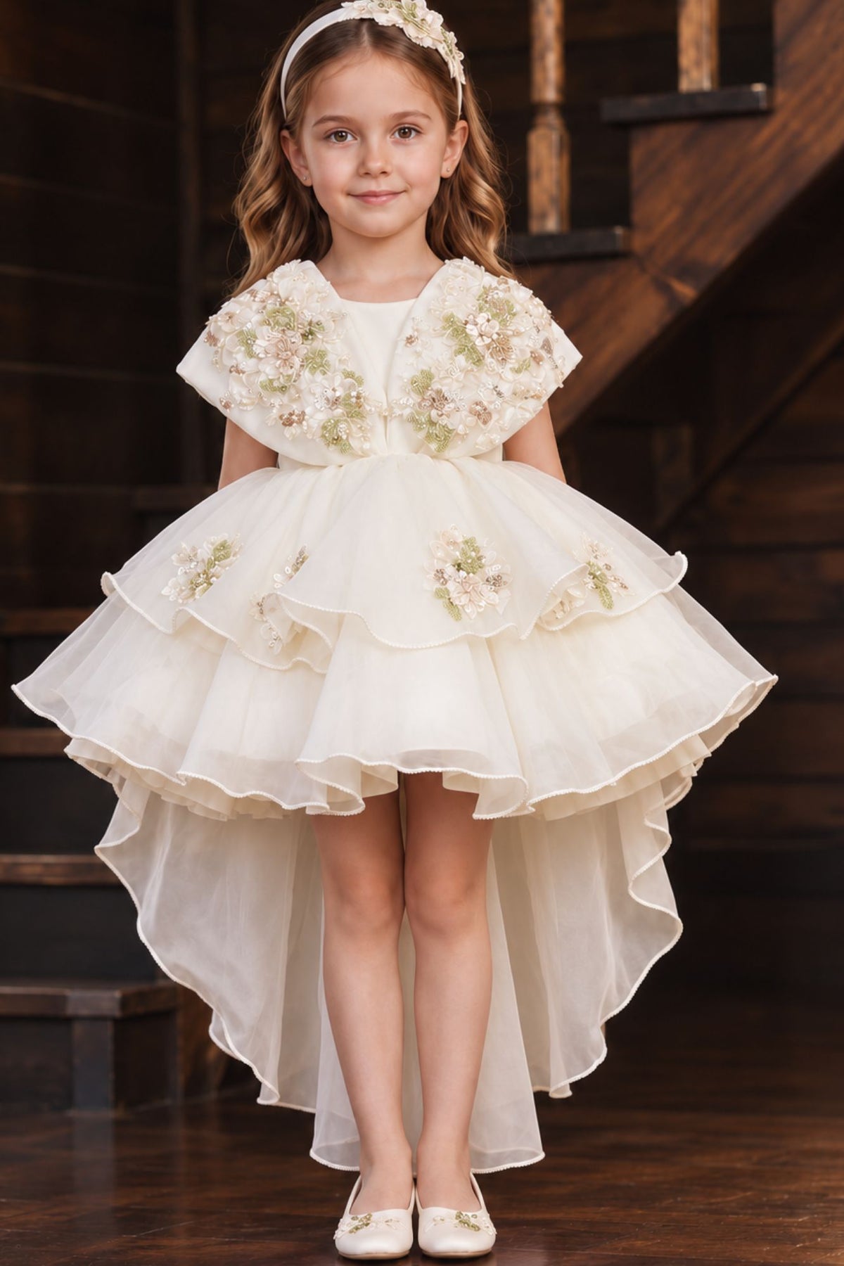 Girls Ivory Floral High-Low Party Wear Frock