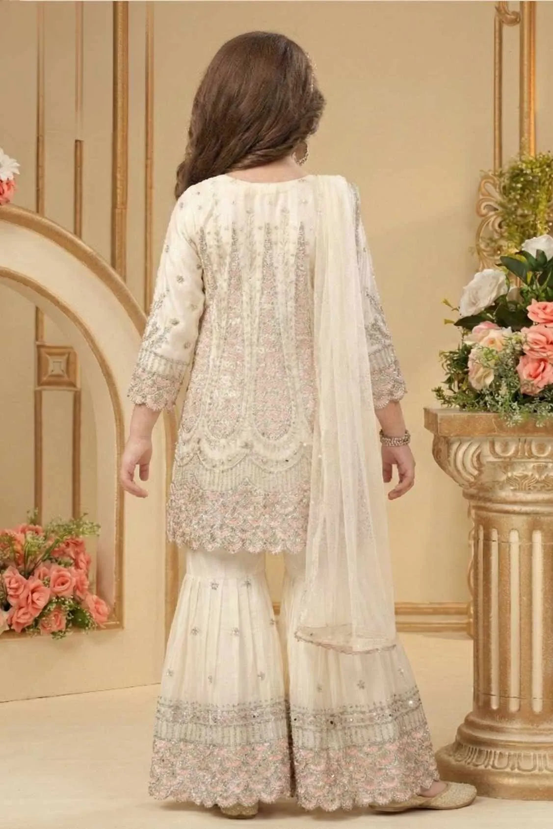 Cream Embroidered Palazzo Set With Dupatta for Girls