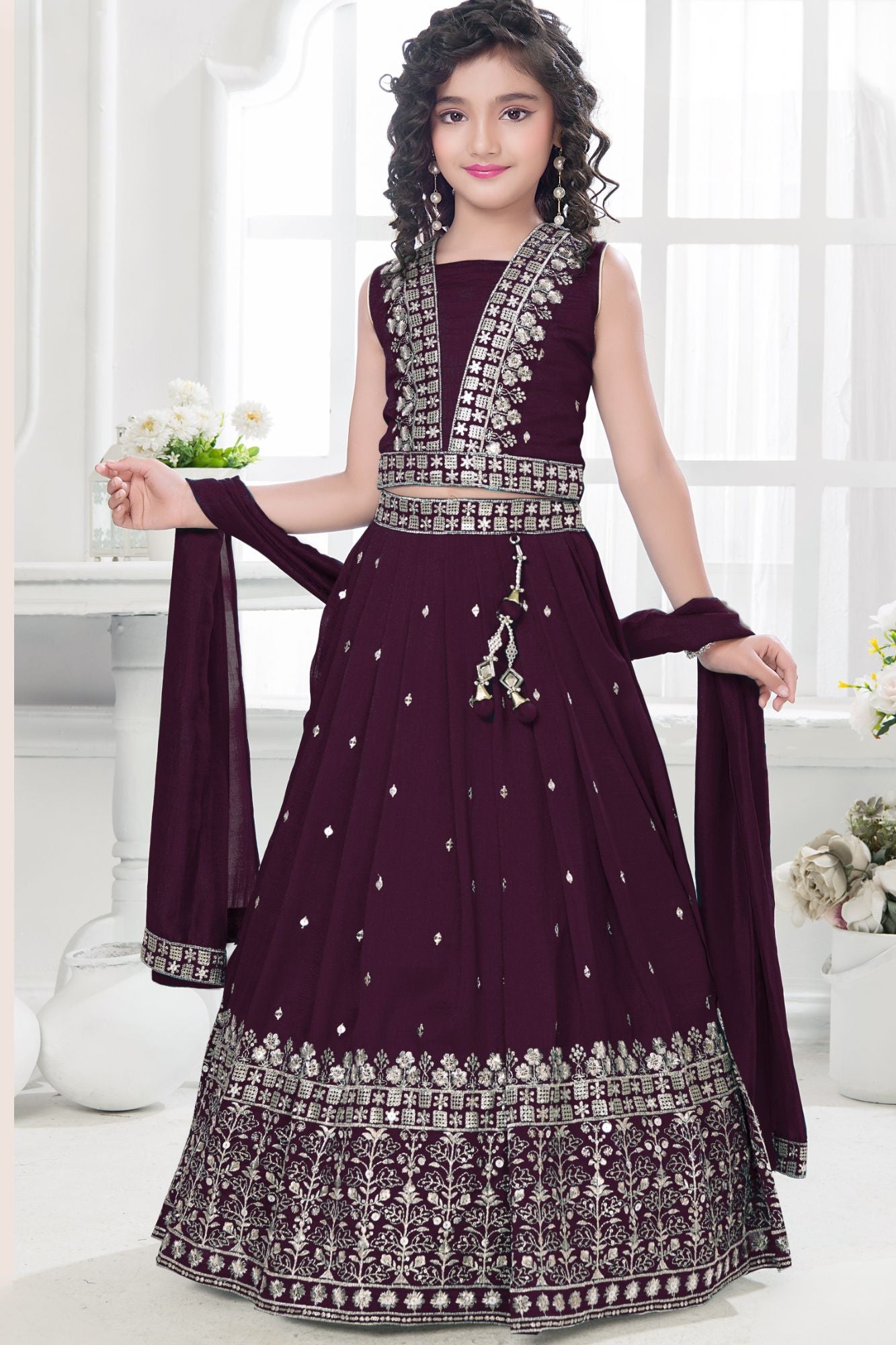 Wine Embroidered Lehenga Choli Set with Dupatta For Girls