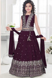 Wine Embroidered Lehenga Choli Set with Dupatta For Girls