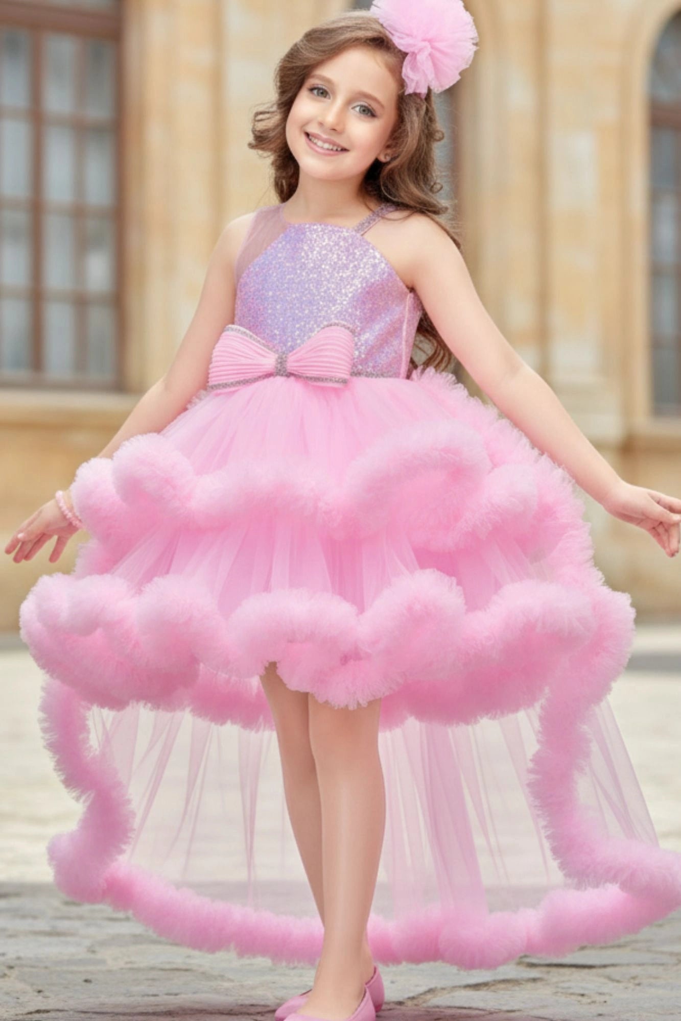Pink Sequin Embellished High-Low Party Dress With Ruffle Hem For Girls 1-2Y (18)