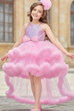 Pink Sequin Embellished High-Low Party Dress with Ruffle Hem For Girls