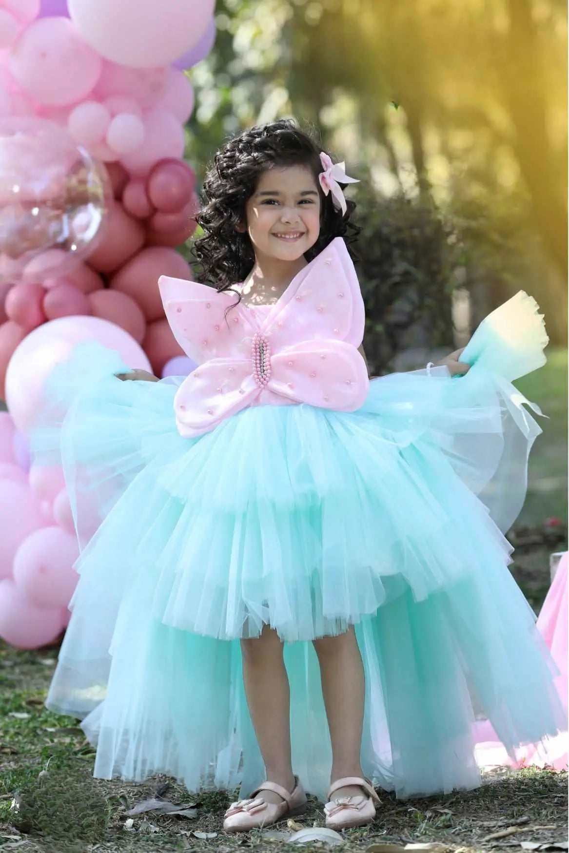 Pink And Sea Green Tulle Tailback Party Wear Frock With 3D Butterfly Embellishment For Girls