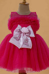 Stylish Rani Pink Frock With Bow Embellished For Girls