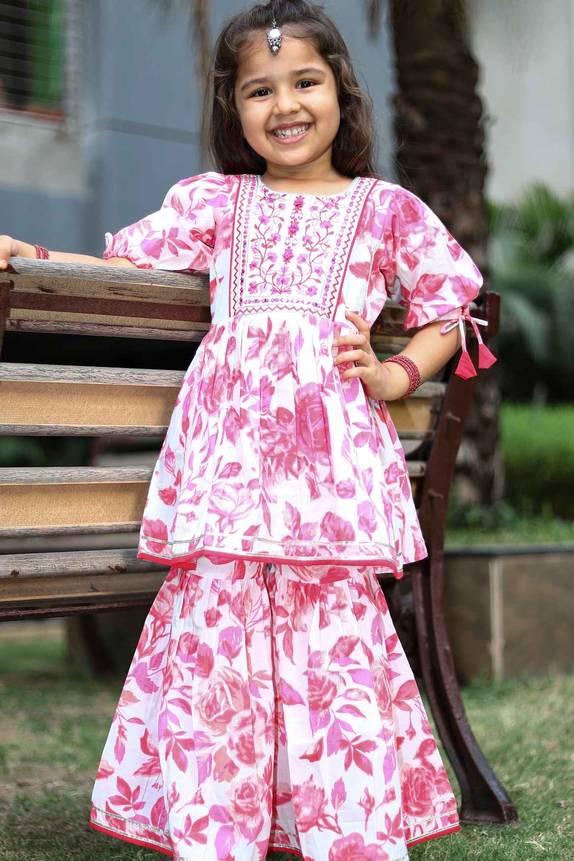 Rani Pink Floral Printed And Embroidery Cotton Sharara Set For Girls