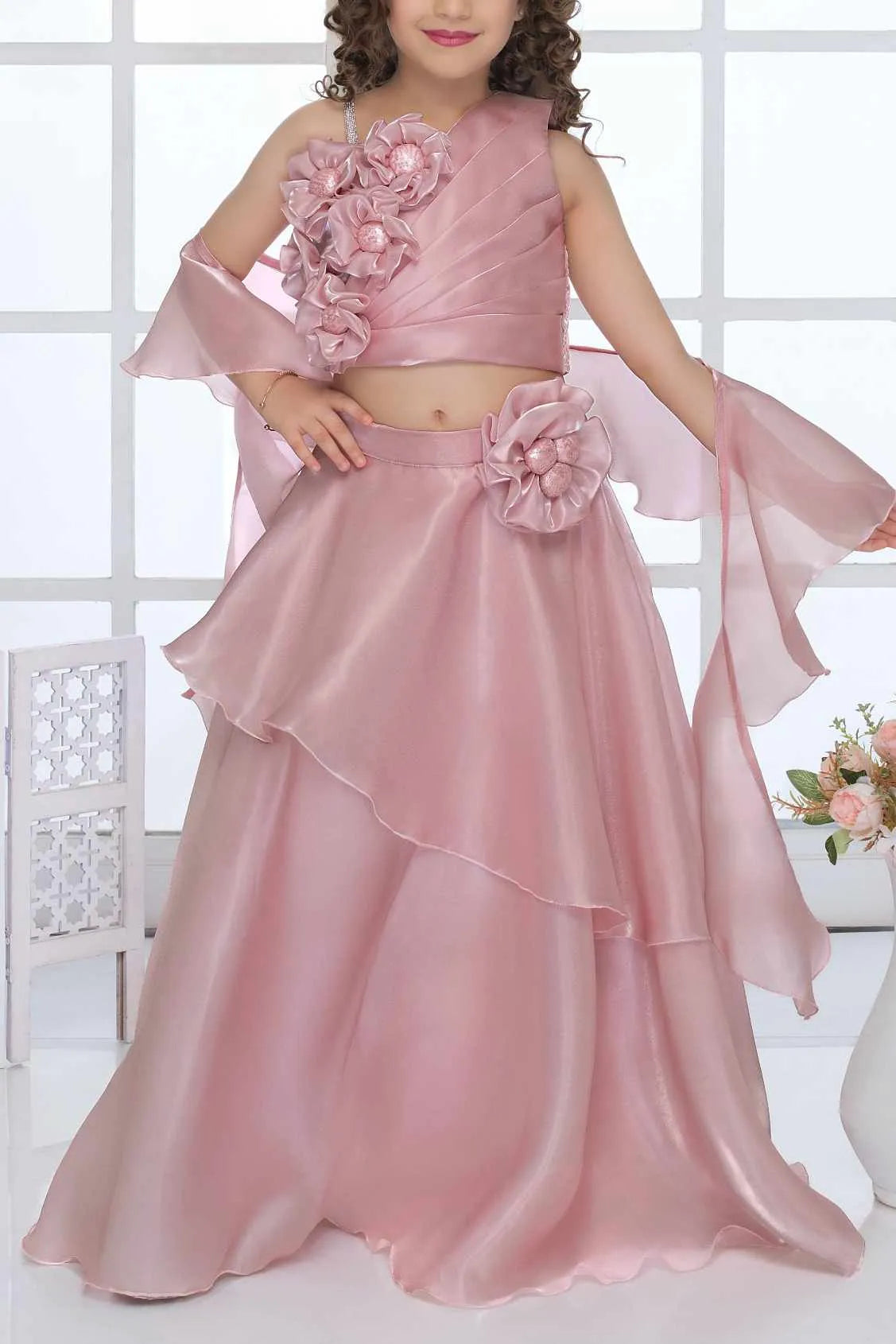 Blush Pink Organza Lehenga Choli And Dupatta For Girls