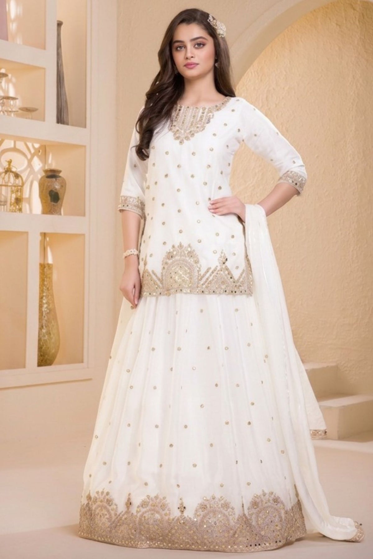 Girls Ivory Gold Embellished Lehenga Choli Set With Dupatta