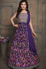 Purple Kashmiri Printed And Sequin Work With Zari Embroidery Gown For Girls