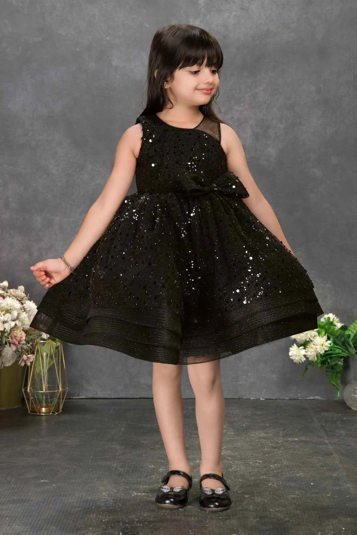 Black Sequin Party Frock With Bow Detail For Girls