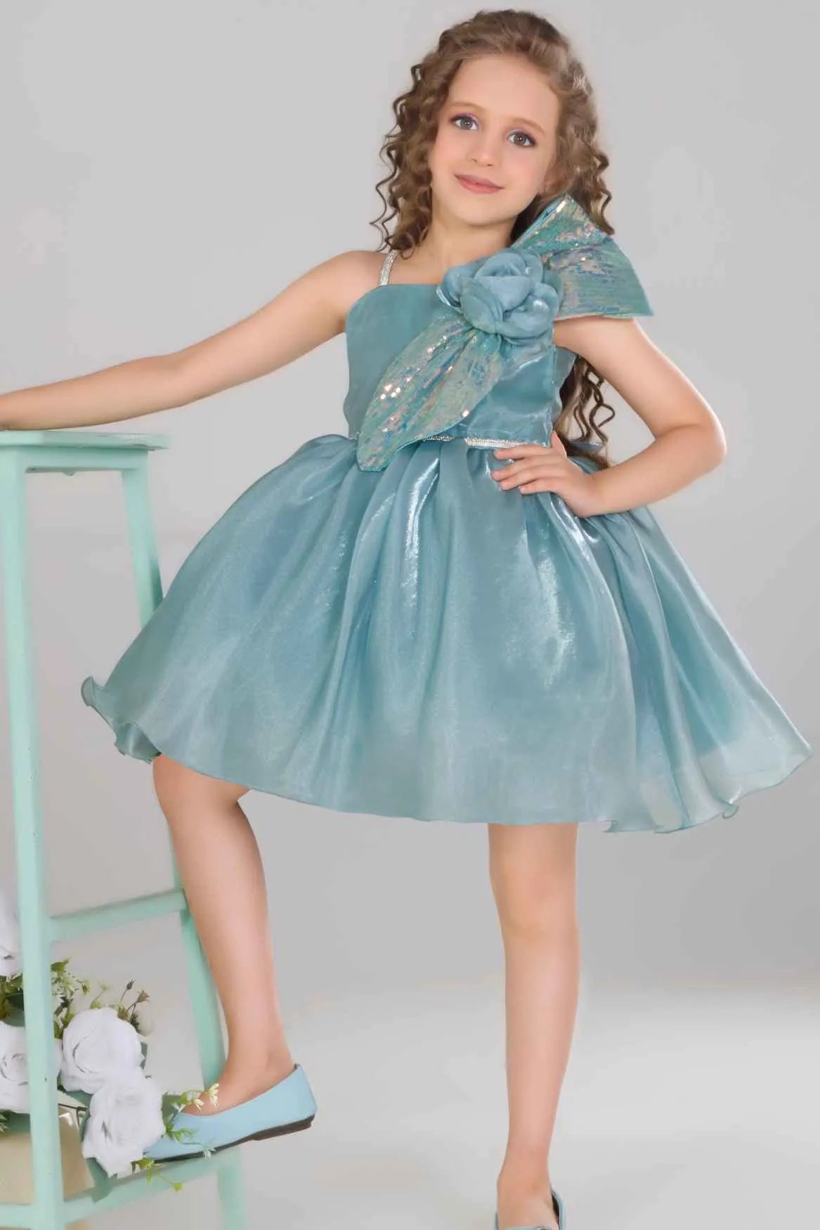 Sea Green Party Frock With Sequin Bow And 3D Flower Detail For Girls