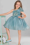 Sea Green Party Frock With Sequin Bow And 3D Flower Detail For Girls