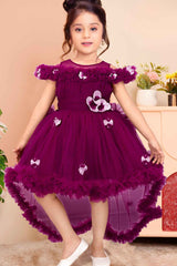 Charming Wine Ruffle Tailback Frock with Floral Embellishments For Girls