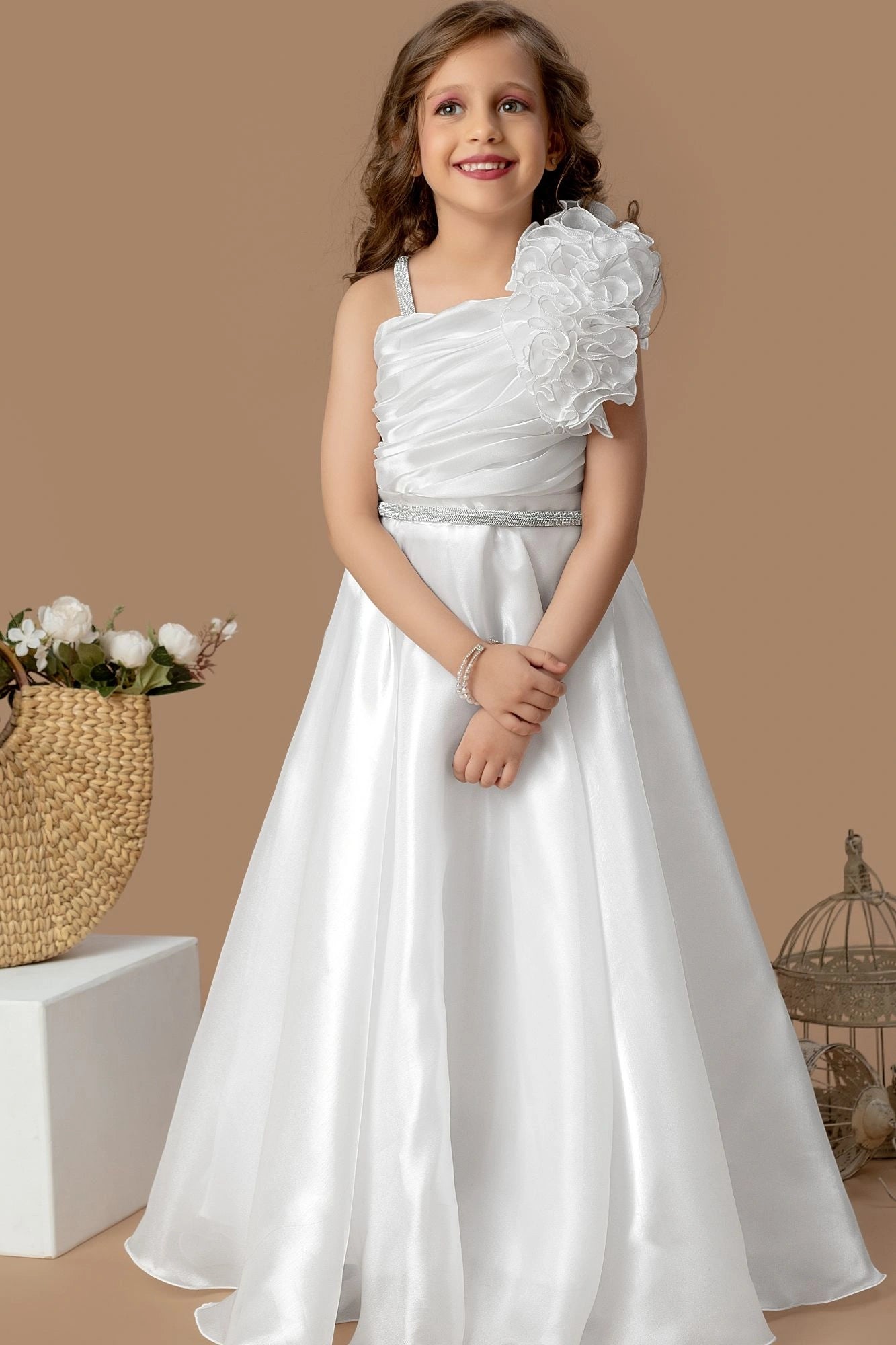 Designer White Floral Appliqué Party Wear Gown For Girls