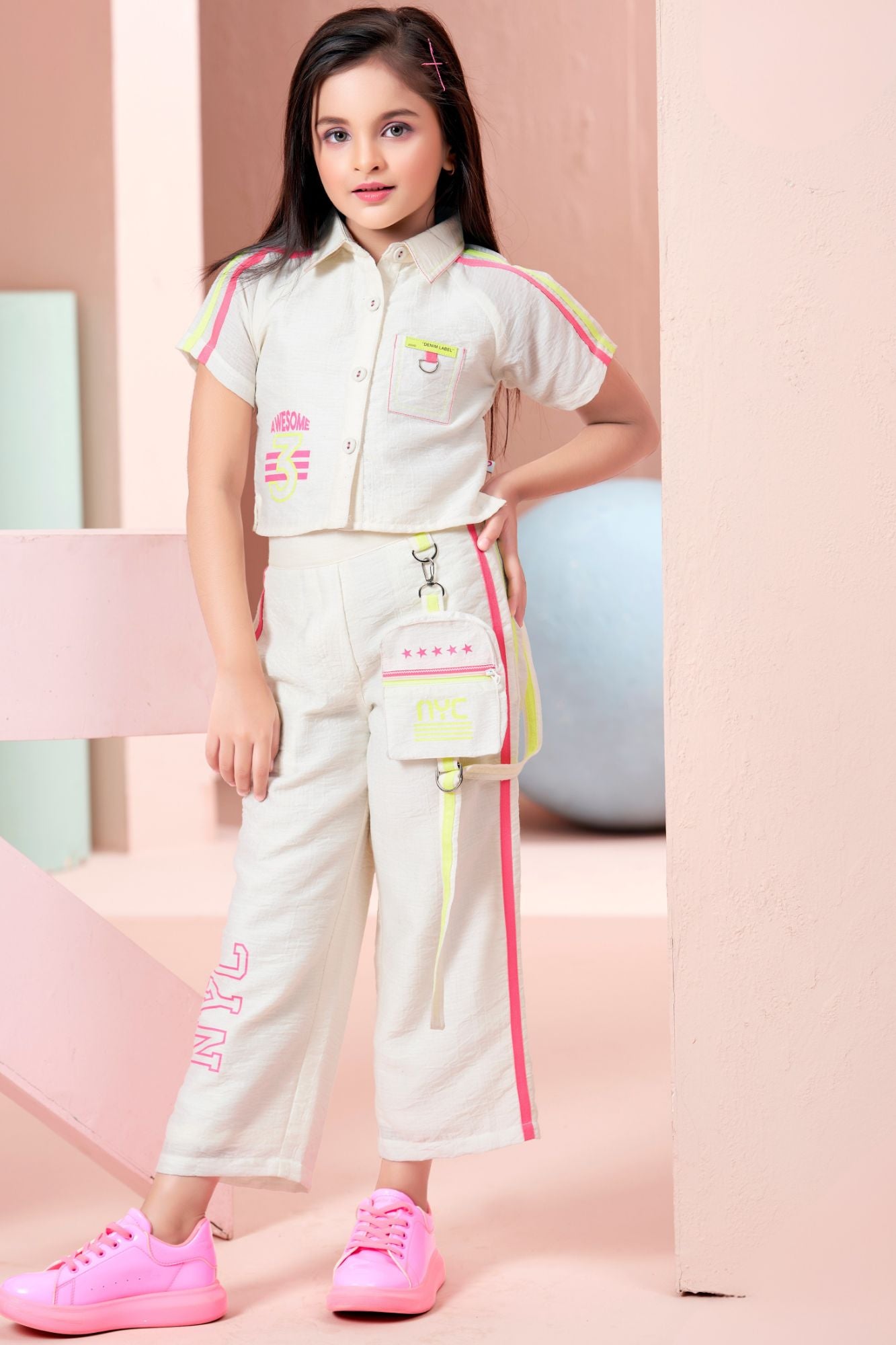 Girls Off-White Co-Ord Set with Neon Stripe Pants