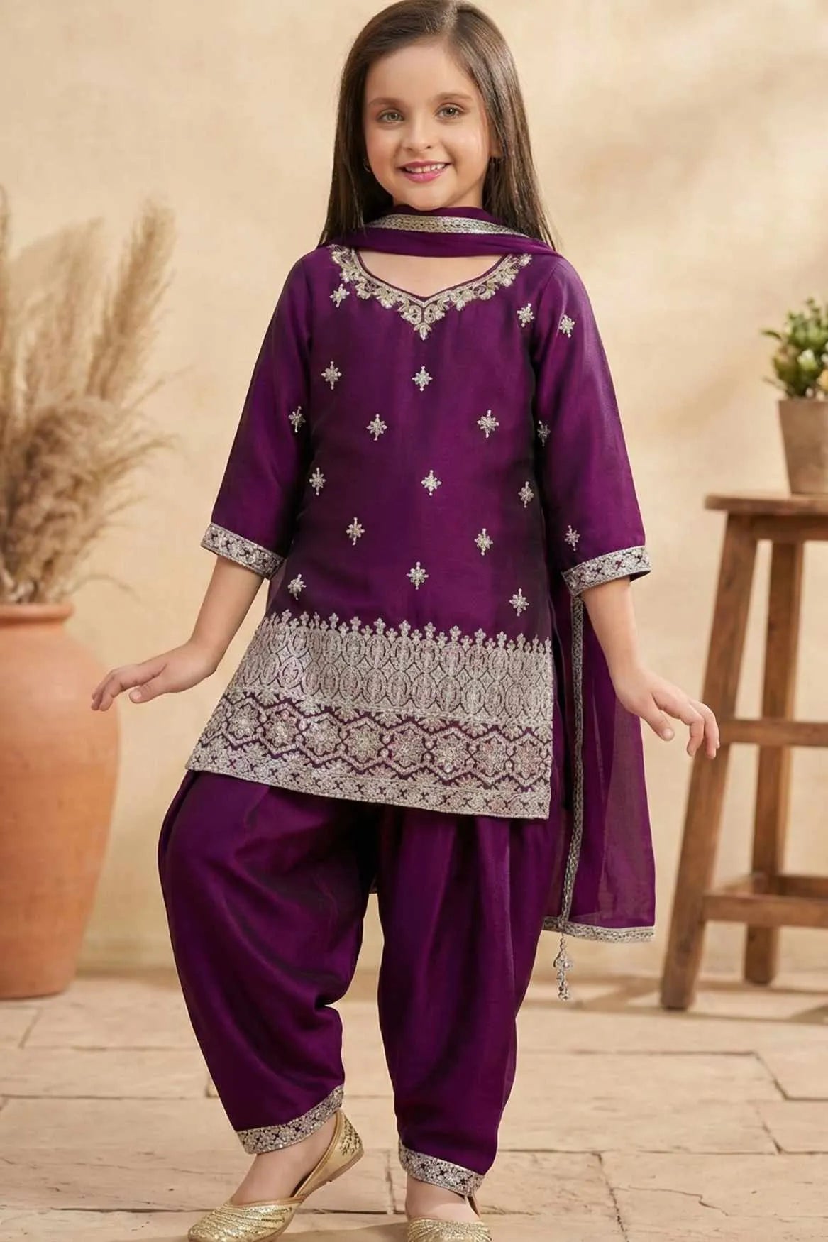 Wine  Embroidered Patiala Suit Set For Girls