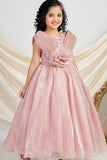 Designer Peach Embellished Rosette Party Gown For Girls