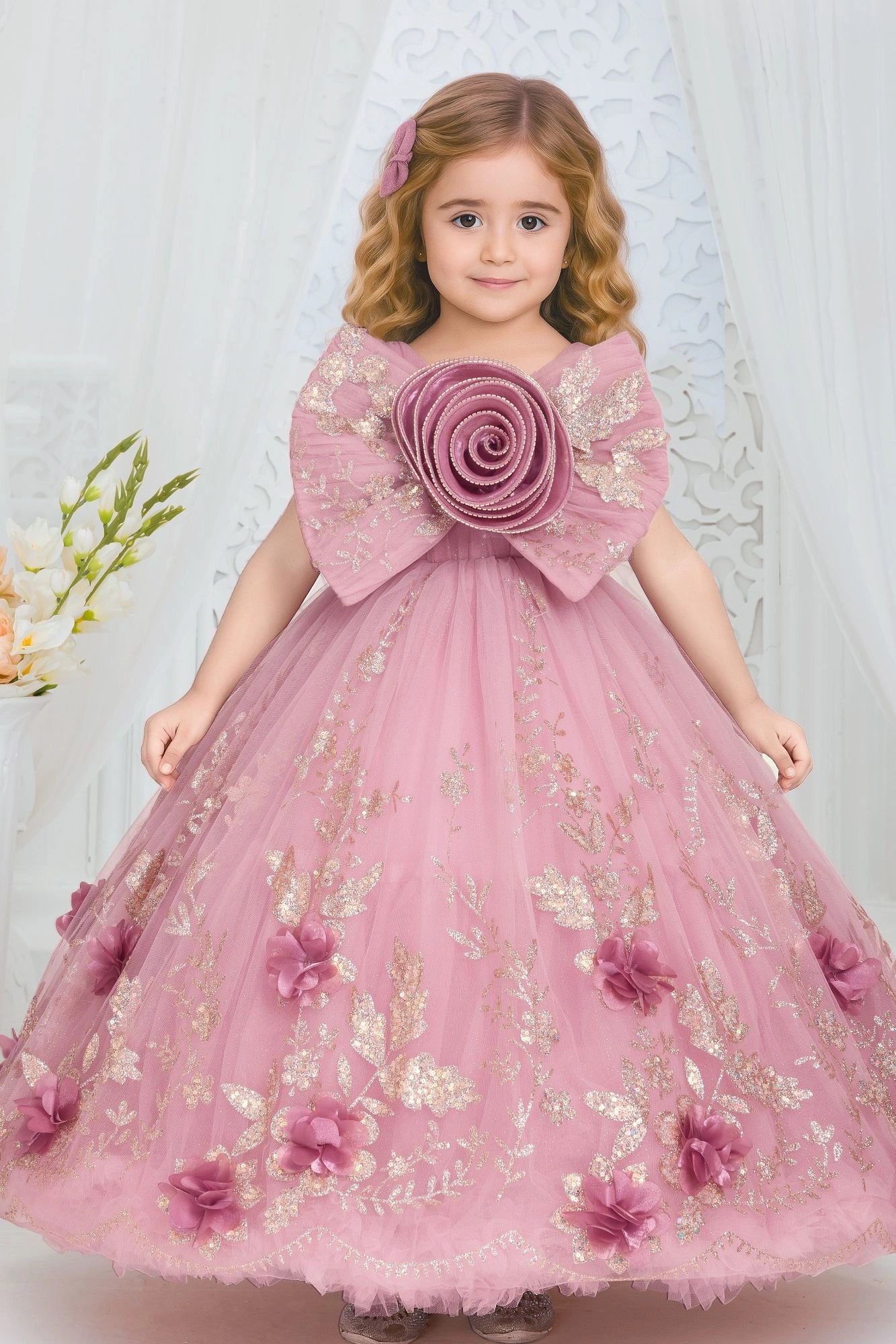 Pink Ball Gown with Oversized Rosette Bow & 3D Floral Applique For Girls