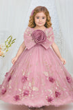 Pink Ball Gown with Oversized Rosette Bow & 3D Floral Appliqué For Girls