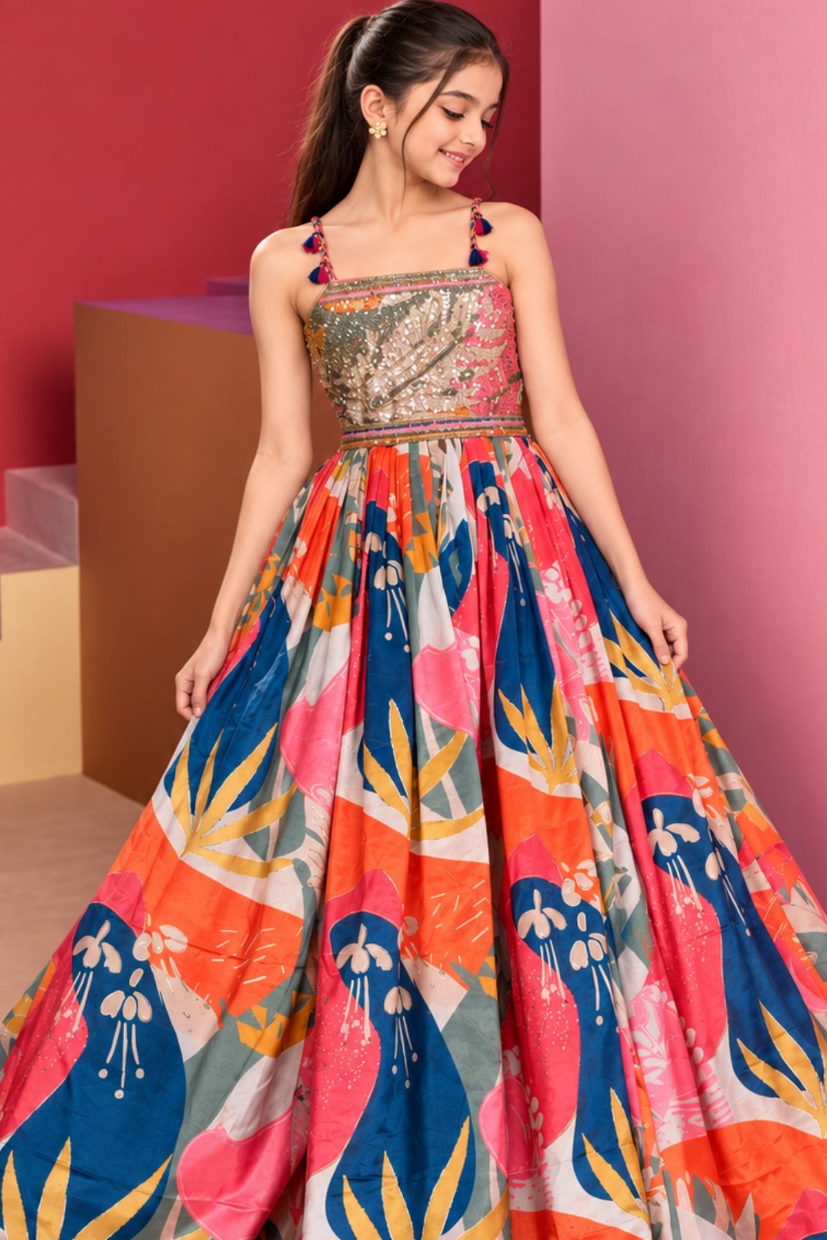 Multicolor Abstract Print Embellished Ethnic Gown For Girls