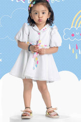 White Casual Frock With Embroidered For Girls