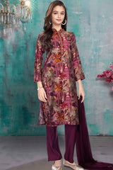 Wine Printed Straight Kurta And Pant Set For Girls