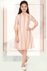 Peach 3/4th Sleeves Stripe Frock For Girls