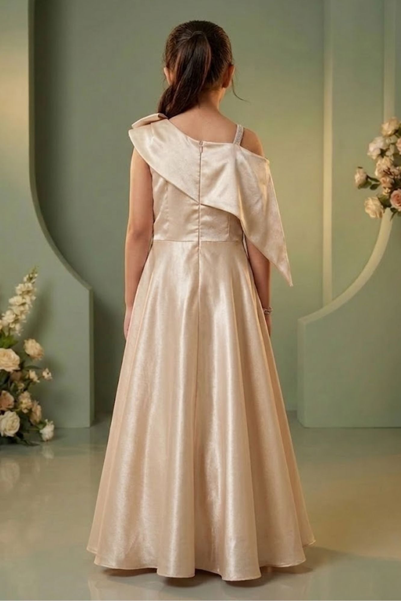 Girls Champagne Gold One-Shoulder Party Wear Gown