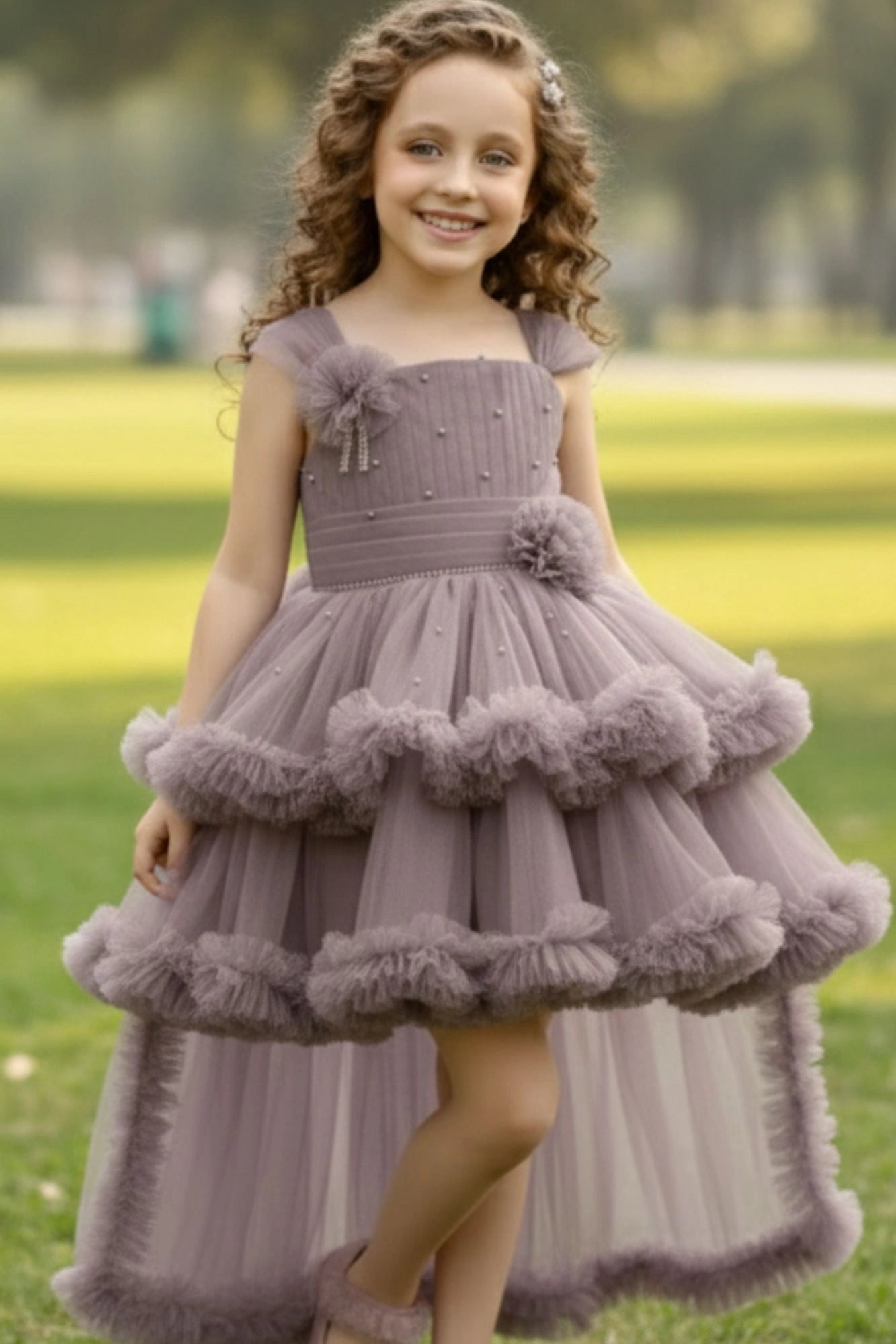 Mauve  Pearl And Stone Work With Floral Embellished Tail Back Frock For Girls