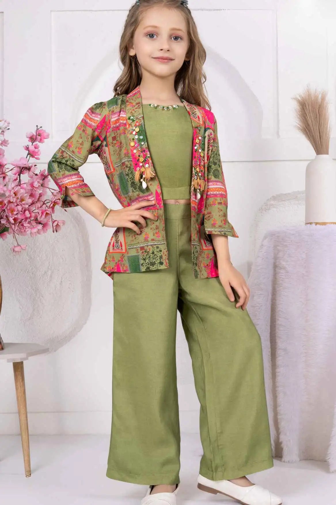Olive Green Crop Top And Pant Set With Embellished Multicolor Jacket For Girls