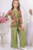 Olive Green Crop Top And Pant Set With Embellished Multicolor Jacket For Girls