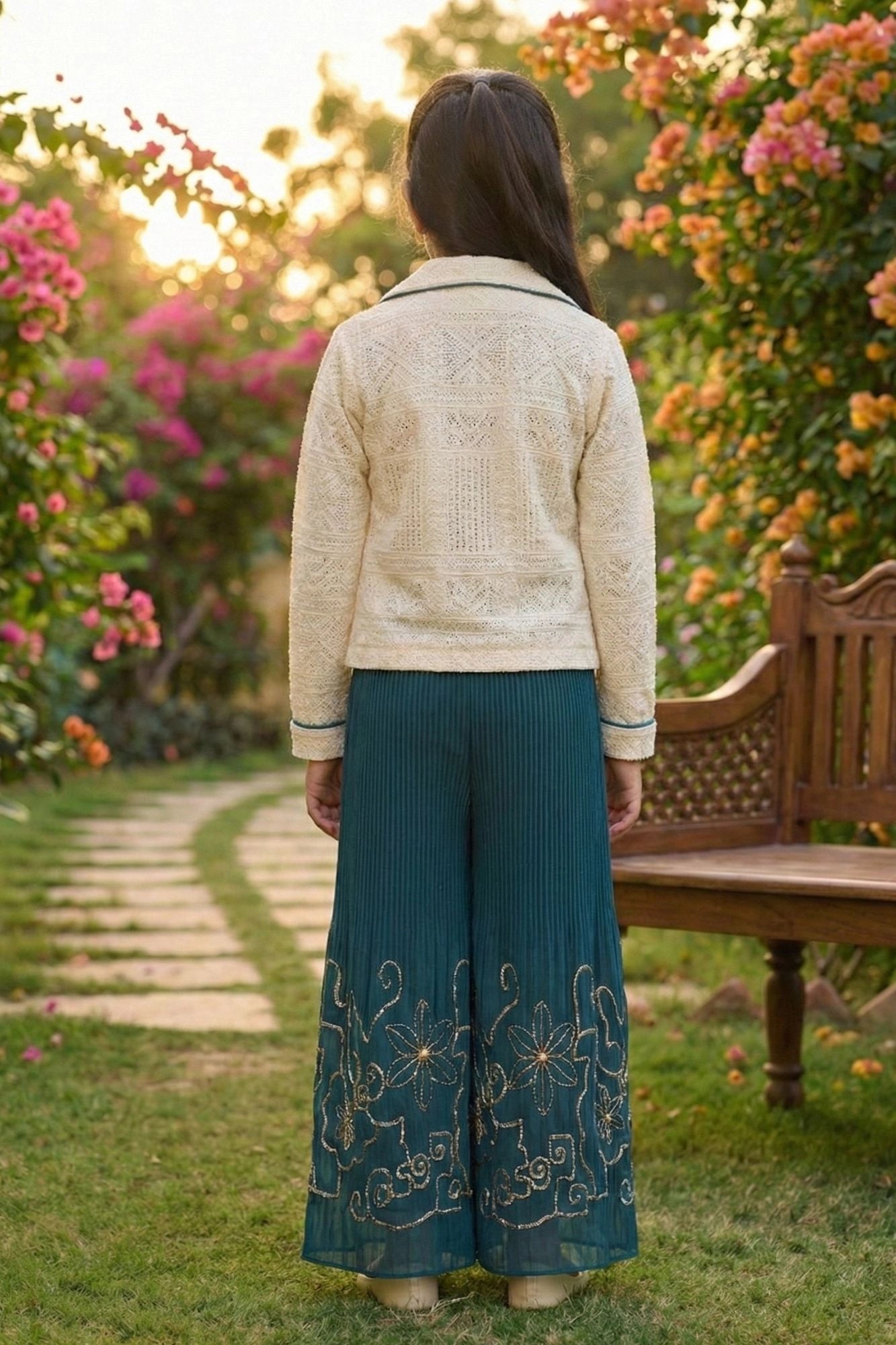 Teal Co-ord Set with Cream Lace Jacket & Floral Motif Top For Girls