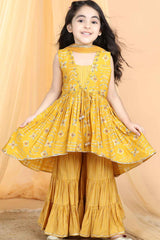 Mustard Sequin And Printed Alia Cut Sharara Set For Girls