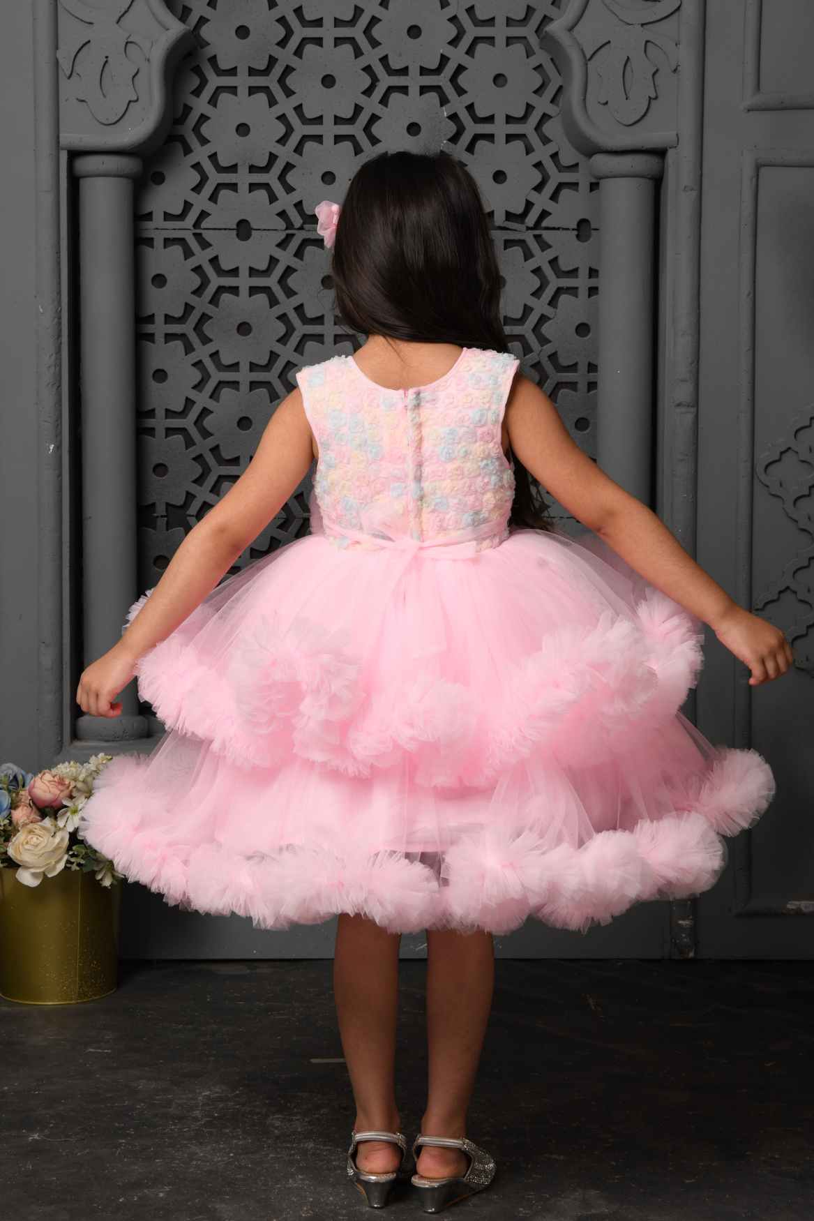 Pastel Pink Frock With Floral Embellishment For Girls